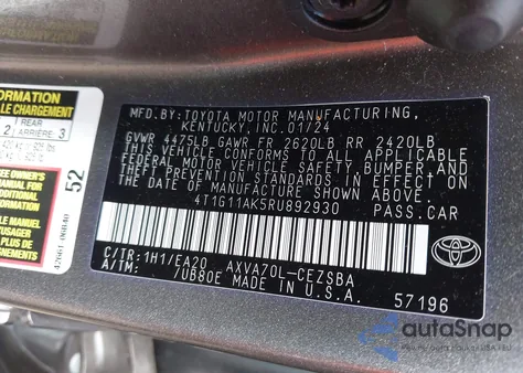 2024 Toyota Camry Se z USA, uszkodzony, nr VIN 4T1G11AK5RU892930